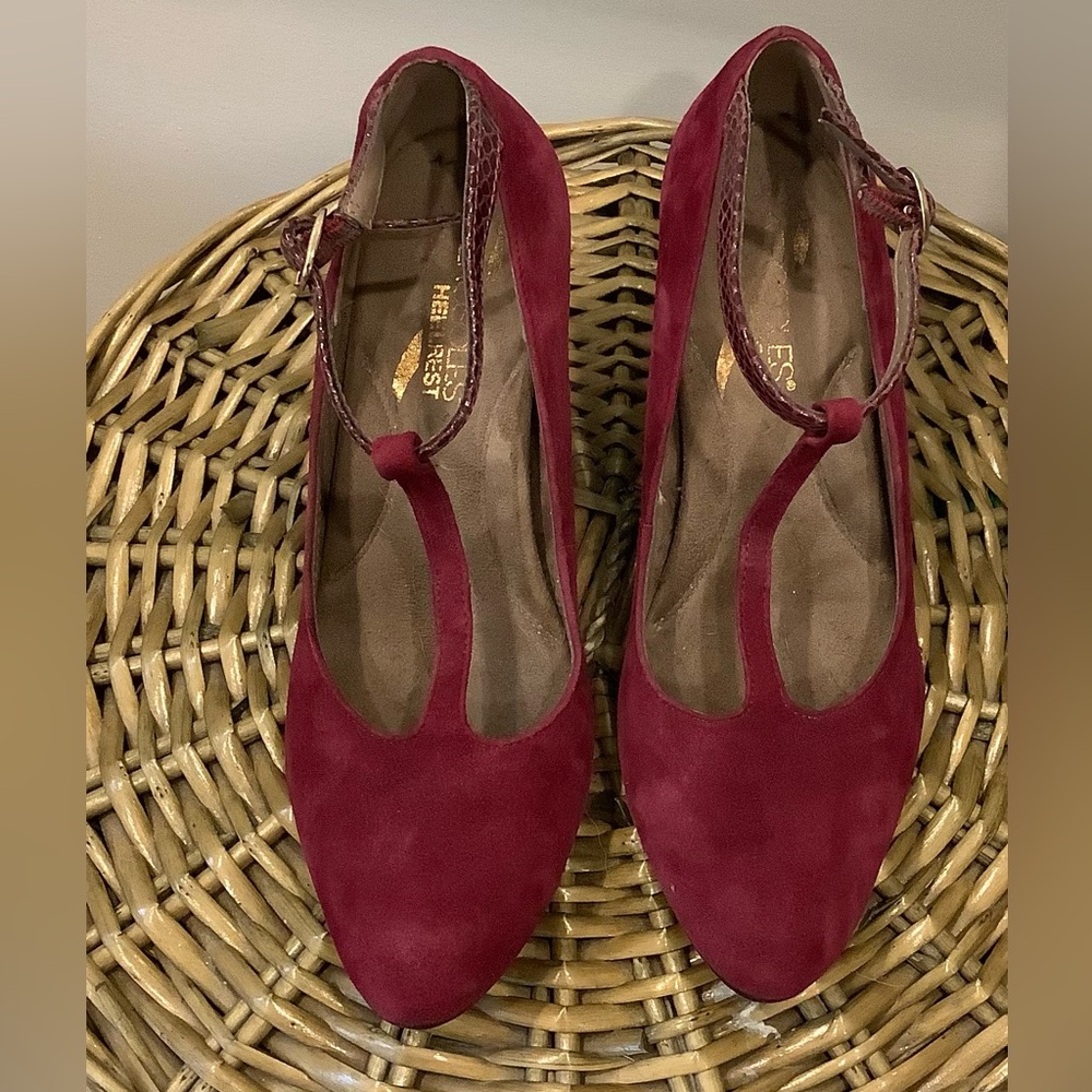 Wine T strap suede heels